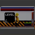 Yellow Robot In Room With LEVEL Sign Blue Glowing Object Warning Stripes And Door 1