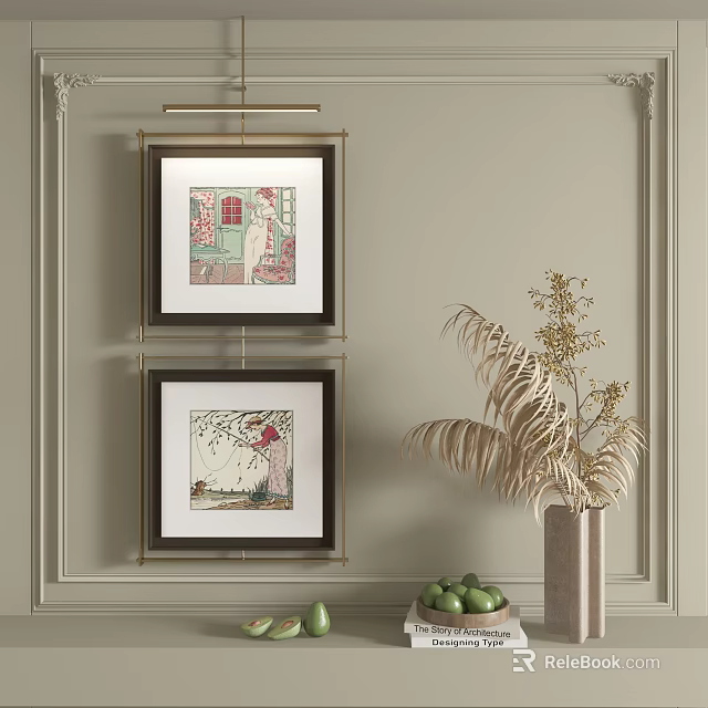 Framed Abstract Paintings Wall Art On Neutral Wall With Decorative Vase And Green Fruits 3d model 