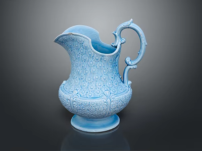 Blue Ceramic Wine Bottle And Glass With Ornate Patterns Displayed On Dark Background 3d model