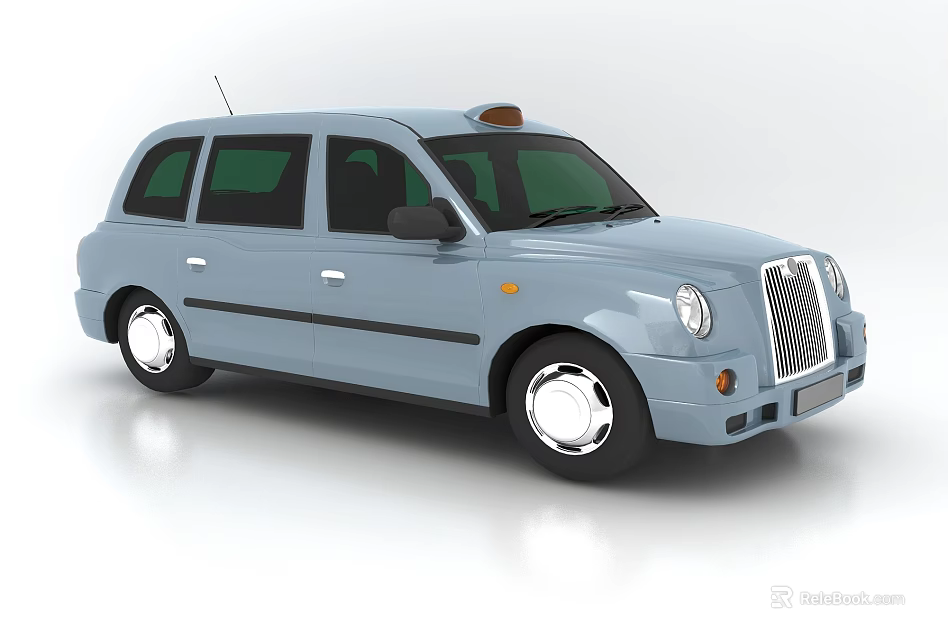 Light Blue Classic Taxi With Black Trim Yellow Roof Light And Silver Wheels 3d model 