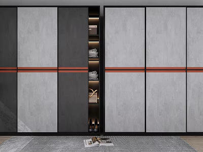 Elegant Modern Sliding Door Wardrobe With Gray Black Panels Orange Stripes And Interior Storage 3d model