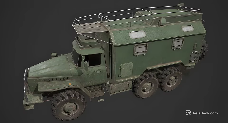 Military Green Off Road Camper Vehicle with Roof Platform Windows and Large Tires 3d model 