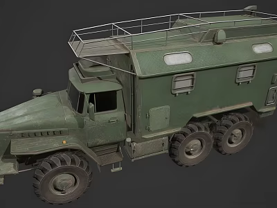 Military Green Off Road Camper Vehicle with Roof Platform Windows and Large Tires 3d model