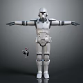 Clone Trooper In White Armor Standing With Arms Outstretched And Small Droid 3d model