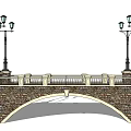 Arched Landscape Bridge With Stone Wall Street Lamps And Decorative Railing