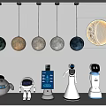 Smart Machines Display with Various Robot Models and Hanging Planet Ornaments 3d model