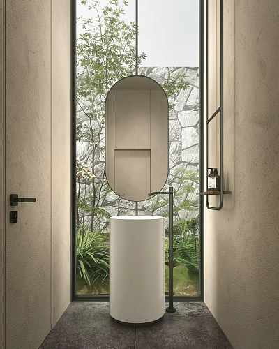 Modern Bathroom Interior With Oval Mirror White Sink Stone Wall And Green Plants 3d model
