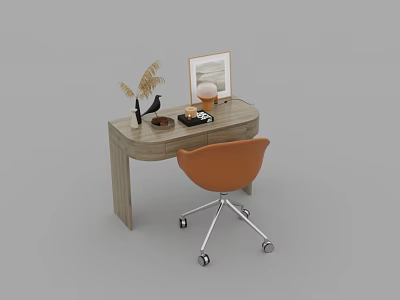 Modern Wooden Dressing Table With Orange Chair Photo Frame And Dried Plant 3d model