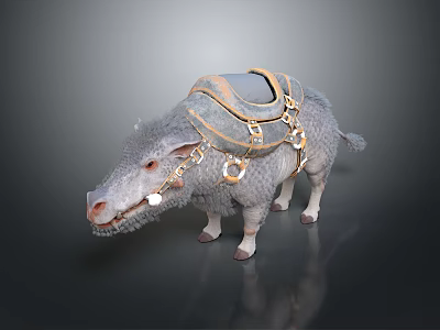 Gray Wild Boar Wearing Brown Saddle With Golden Chains And Metal Rings 3d model