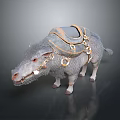 Gray Wild Boar Wearing Brown Saddle With Golden Chains And Metal Rings