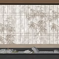 Art Installation Featuring Bamboo Shadow Wall With Stone Arrangement And Sand Base 3d model