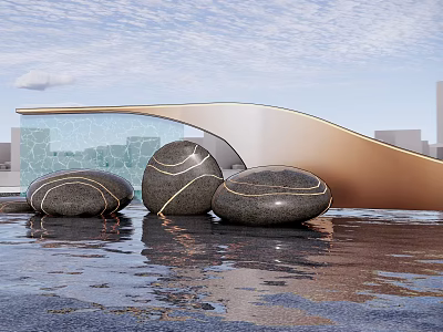 Stone Sculptures with Golden Lines in Water Against Modern Architecture and Sky Reflections 3d model