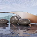 Stone Sculptures with Golden Lines in Water Against Modern Architecture and Sky Reflections