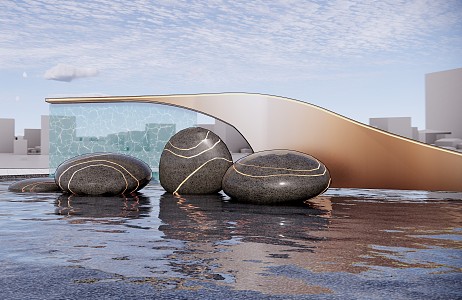 Modern City Sculpture Gold Line Stone Waterscape Sculpture 3d model