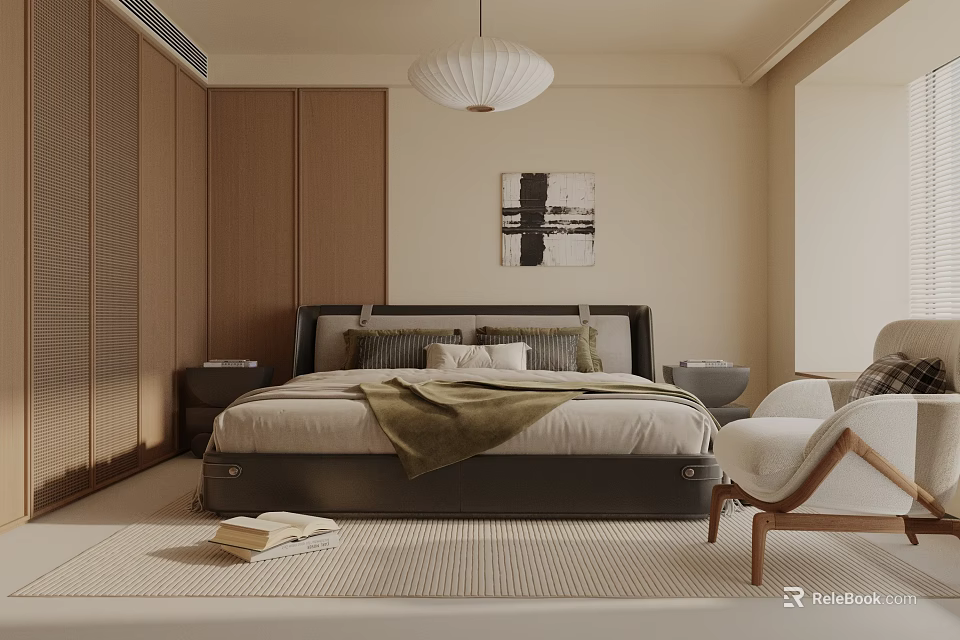 Modern Minimalist Bedroom Interior With Wooden Wardrobes Large Bed And White Pendant Light 3d model 