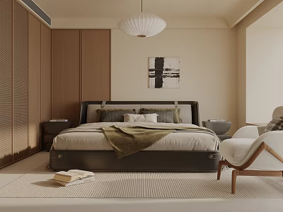 Modern Minimalist Bedroom Interior With Wooden Wardrobes Large Bed And White Pendant Light 3d model
