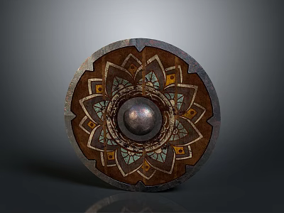 Ornate Circular Shield Featuring Intricate Patterns And Central Metal Sphere 3d model