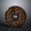 Ornate Circular Shield Featuring Intricate Patterns And Central Metal Sphere 3d model