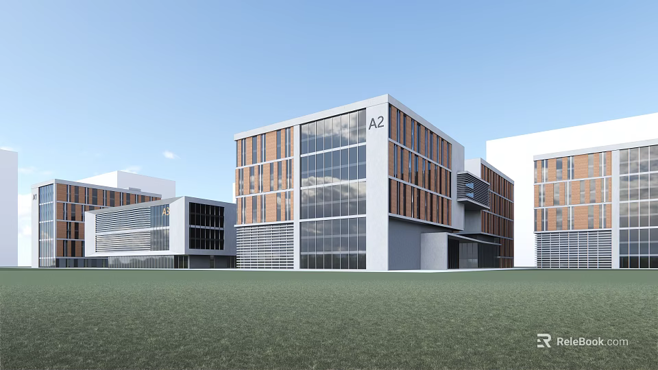 Modern Industrial Factory Building With Glass Facade A2 Identifier Metal Cladding And Green Lawn Area 3d model 