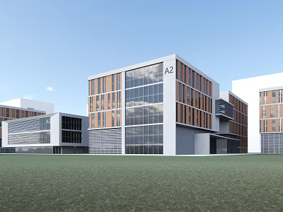 Modern Industrial Factory Building With Glass Facade A2 Identifier Metal Cladding And Green Lawn Area 3d model