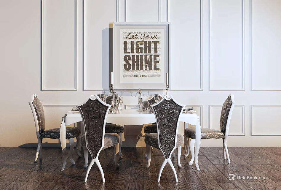 Elegant White Dining Table Set With Upholstered Chairs Paneled Walls And Art Print 3d model 