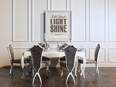 Elegant White Dining Table Set With Upholstered Chairs Paneled Walls And Art Print 3d model
