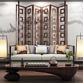 New Chinese-style Double Sofa Partition Sofa Floor Lamp Zen Coffee Table 3d model