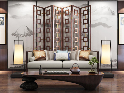 New Chinese-style Double Sofa Partition Sofa Floor Lamp Zen Coffee Table 3d model