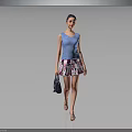 Woman in Blue Sleeveless Top and Floral Printed Skirt Holding Blue Handbag Wearing Sandals