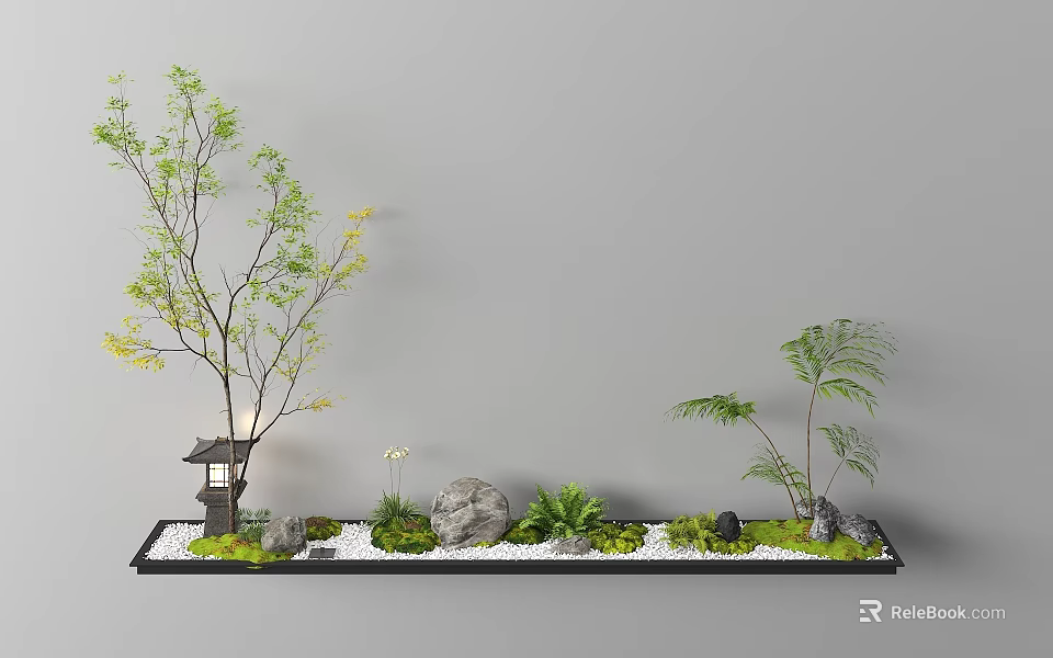 Long Rectangular Bonsai Planter With Tree Small Lantern Stones Moss And Fern Plants 3d model