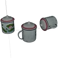 Three Gray Mugs With Red Rims Lids And Floral Patterns On White Background