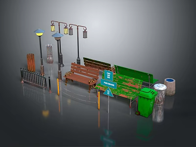 Outdoor Public Space Components With Various Street Lamps Wooden Benches Green Trash Cans And Signs 3d model