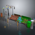 Outdoor Public Space Components With Various Street Lamps Wooden Benches Green Trash Cans And Signs