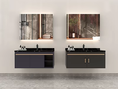 Modern Bathroom Double Wall Mounted Vanity with Black Cabinets Marble Countertop and Mirrors 3d model