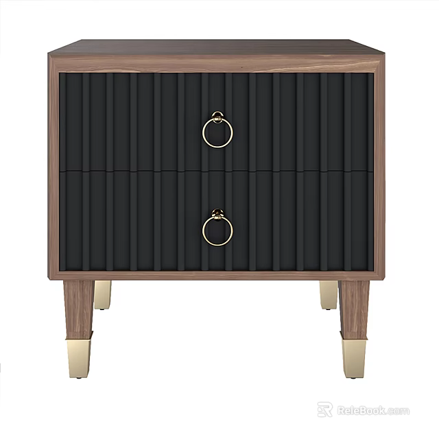 Modern Bedside Table With Wooden Frame Black Drawers And Gold Metal Handles And Gold Legs 3d model 