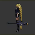 Female Character Wearing Navy Blue Yellow Uniform With Blonde Hair And Hammer Weapon