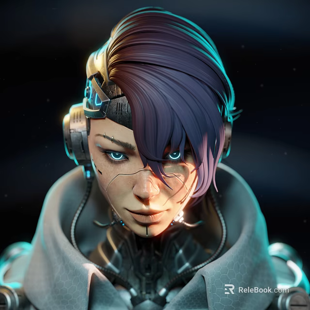 Game Movie Character With Purple Short Hair Blue Eyes Mechanical Headphones Facial Decorations Cyberpunk Design 3d model 