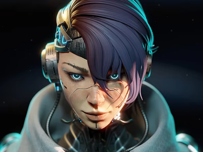 Game Movie Character With Purple Short Hair Blue Eyes Mechanical Headphones Facial Decorations Cyberpunk Design 3d model