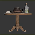 Wooden Dining Table With Old Hat Transparent Bottle Dice Plate Bread And Small Knife
