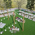 Outdoor Market Setup On Green Lawn With Canopies Booths String Lights And Fire Pit