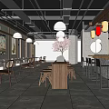 Modern Restaurant Interior Design With Red Tree Long Tables Bar Counter And Chairs