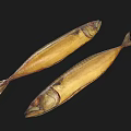 Two Dried Fish as Aquatic Animals with Golden Brown Color on Black Background