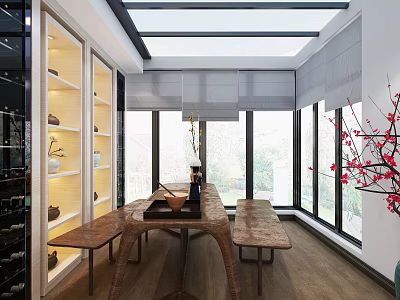Modern Open Restaurant Interior With Wooden Dining Table Bench And Large Windows 3d model
