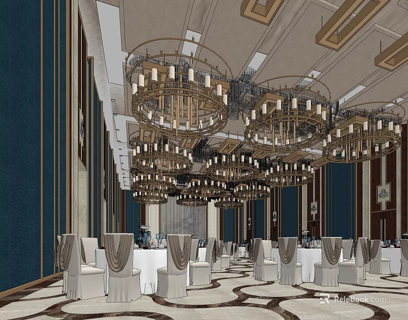 Elegant Banquet Hall Interior With Golden Chandeliers White Tables And Decorative Chair Covers 3d model 