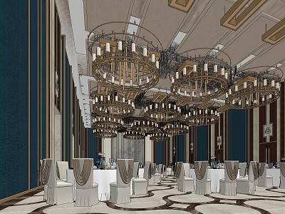 Elegant Banquet Hall Interior With Golden Chandeliers White Tables And Decorative Chair Covers 3d model