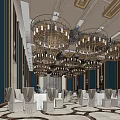 Elegant Banquet Hall Interior With Golden Chandeliers White Tables And Decorative Chair Covers