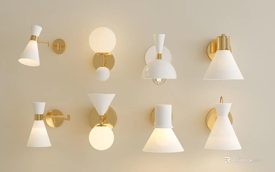 Modern Wall Lamps with White Shades Gold Metal Fixtures Various Designs on Beige Wall 3d model 