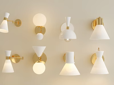 Modern Wall Lamps with White Shades Gold Metal Fixtures Various Designs on Beige Wall 3d model