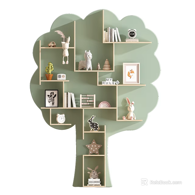 Tree Shaped Bookshelf With Stuffed Animals Books Photo Frame And Decorative Items 3d model 