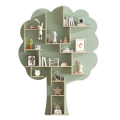 Tree Shaped Bookshelf With Stuffed Animals Books Photo Frame And Decorative Items 3d model